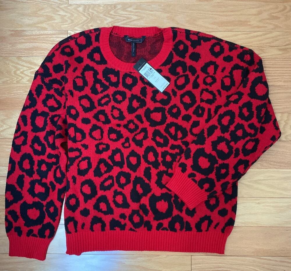 NWT BCBGMAXAZRIA Red Black Leopard Print Sweater Size L Women’s Crewneck Knit